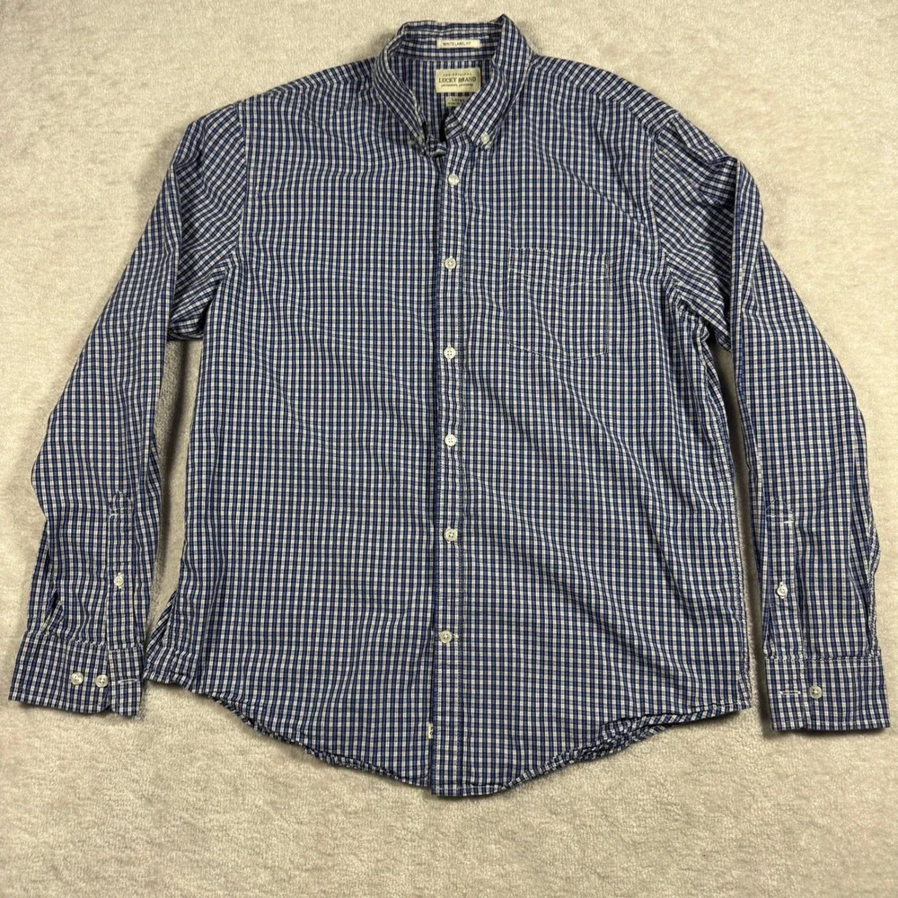 Lucky Brand Mens‎ White Label Fit Blue Gingham Button Down Shirt Large L